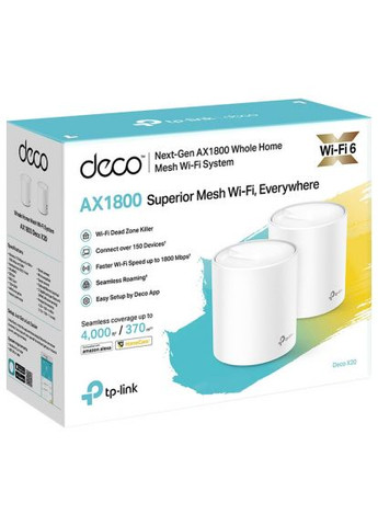 Точка доступа Wi-Fi DECO X20 2PK AX1800 1xGE LAN 1xGE WAN MU-MIMO OFDMA MESH (DECO-X20-2-PACK) TP-Link DECO X20 2PK AX1800 1xGE LAN 1xGE WAN MU-MIMO OFDM (368774600)