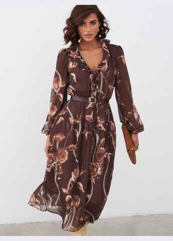 Коричнева кежуал шифонова сукня коричневого кольору у квітковий принт Dressa з квітковим принтом
