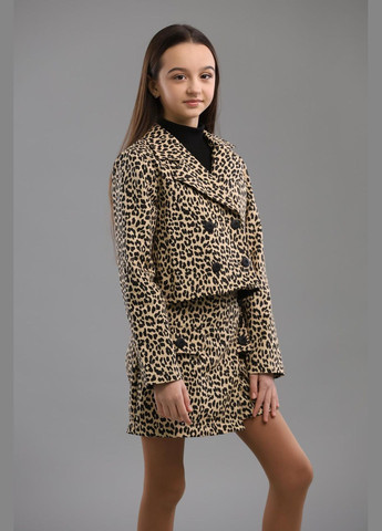 Коричневый демисезонный леопардовый костюм (пиджак, юбка) подростковый юбочный IRmAS