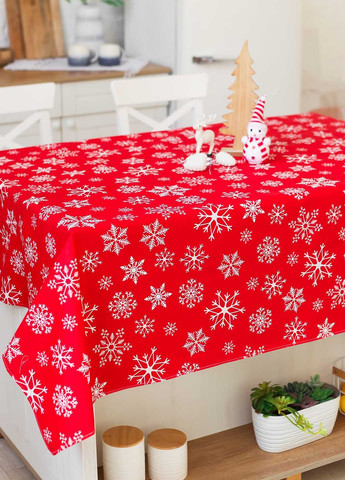 Новорічна скатертина бавовняна "Сніжинки білі (на червоному)" 2.2м х 1.5м (розкладний стіл) Homedec - (366734883)