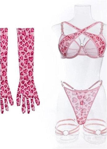 Рожевий демісезонний ніжний комплект жіночої нижньої білизни з принтом рожева пантера набір з аксесуарами та рукавичками білизна з акцентним верхом Cindylove