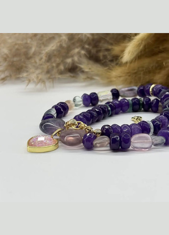 Чокер натуральный Флюорит, Кварц под Аметист +подвеска Сердце гип-ный сплав цвет золото d-14-8х6мм+- L-39-44см No Brand кварц, флюорит латунь, стекло, натуральный камень, медицинский сплав золото (331145993)