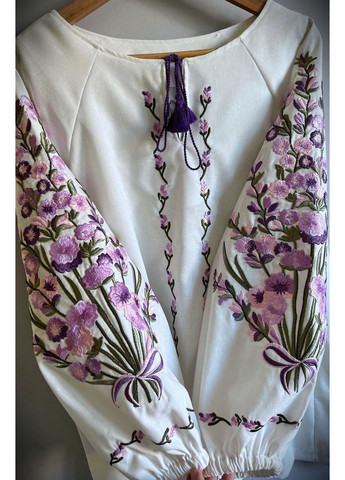 Молочная женская льняная вышиванка этно блуза с вышивкой узор цветочный приталенная, свободная, прямой лен (322503779)