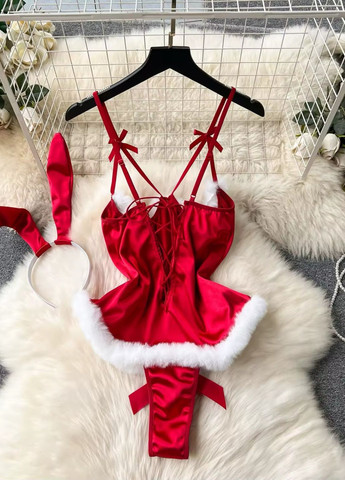 Красный зимний женский комплект зайки боди и ушки новогодний с пушком и открытой грудью santa No Brand