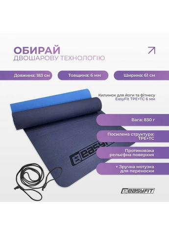 Килимок для йоги та фітнесу (йога мат) TPE + TC 183х61см товщина 6мм двошаровий синій-блакитний EasyFit (237596276)