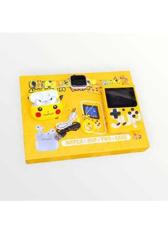 Комплект дитячий з бездротовими навушниками TWS у чохлі годинником ігровою ретро консоллю Денді 8 біт (482245-Prob) Пікачу Unbranded (372503872)