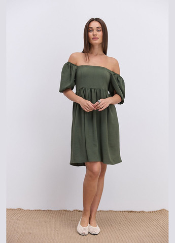 Оливкова (хакі) коротка літня сукня кольору хакі з відкритими плечима Arjen