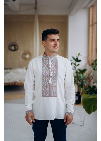 Молочна чоловіча лляна вишиванка тадей бежевий MOTYV візерунок орнамент льон (361162147)