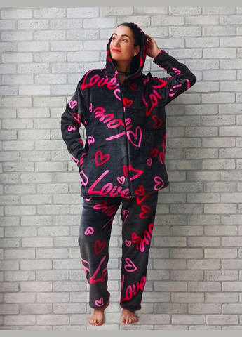 Комбінована всесезон жіночий домашній теплий костюм вельсофт махра батал великого розміру, зимовий з каптуром та кишенями, кофта на блискавки No Brand