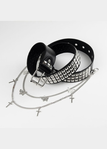 Ремінь з ланцюжком панк хрести шипи метелики чорний 110 см No Brand (335413983)