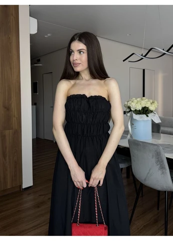 Чорна сукня міді лляна з відкритими плечима Fashion