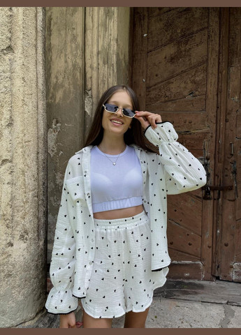 Білий літній комплект серця чорний у білизняному стилі, з сорочкою, трійка, з шортами IRmAS оверсайз