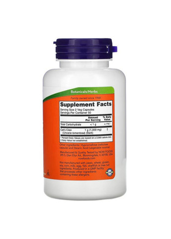 Натуральна добавка Cat's Claw 500 mg, 100 капсул Now (293418593)
