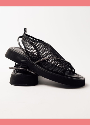 Черные босоножки с сеткой на платформе черные кожа текстиль Krula без застежки со стразами