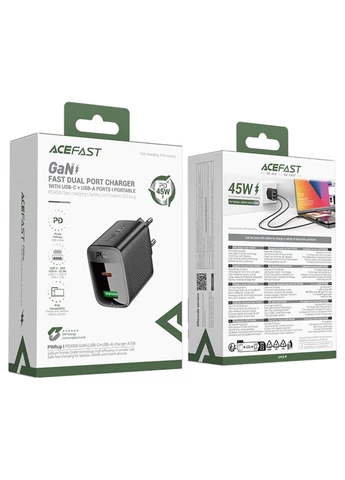 Мережевий зарядний пристрій PD45W GaN (USB-C+USB-A) charger (EU) Black (6974316284031) Acefast A106 (340062624)
