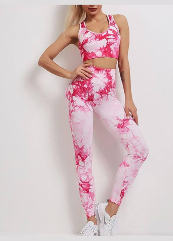 Спортивний костюм з мармуровим принтом (топ та легінси) рожевого кольору, розмір S Trends (330757716)