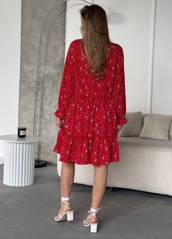 Червона кежуал вишукана легка літня міді сукня вільного крою з квітковим візерунком, рукавами ліхтарик та воланом Tik-Tak з квітковим принтом
