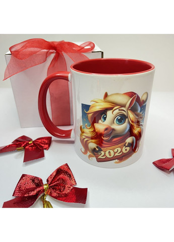 Новорічна чашка 2026 з конем у шапці Санти | Подарункова чашка до Нового року в коробці з червоним бантом No Brand (371690213)