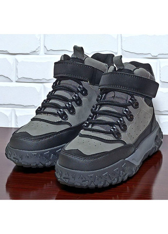 Серые спортивные, повседневные, кэжуал осенние утепленные демисезонные осенние ботинки ортопедические хайтопы на липучке для мальчика на флисе клиби Clibee