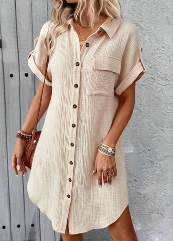 Бежевое платье рубашка муслин на пуговицах No Brand