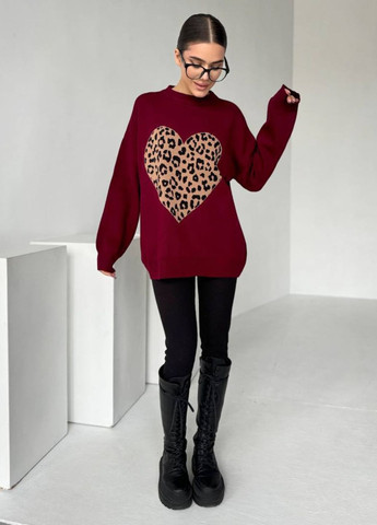 Бордовий демісезонний вишуканий повсякденний демісезонний оверсайз светр з сердечком Allthings