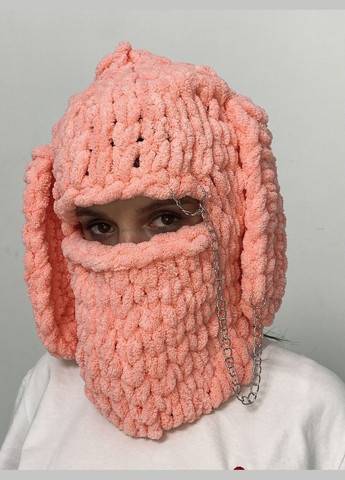 Alize вязанная балаклава шапка puffy светло-коралловый, с ушами зайца и цепочкой (3256529954) коралловый производство - Турция