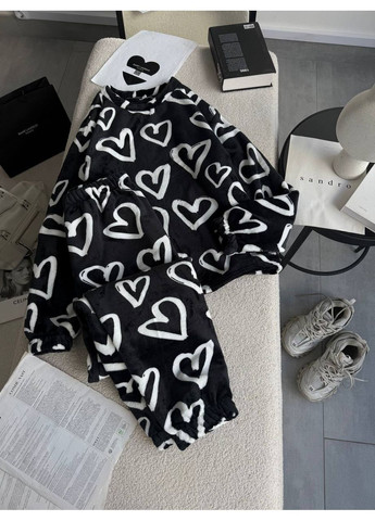 Чорна піжама у сердечка махра,кофта та штани Україна