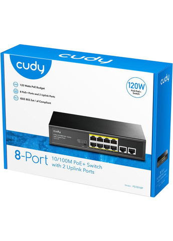 Комутатор FS1010P, 8 портовий 10/100M PoE+ Switch with 2 Uplink Ports 120W Cudy (314975022)