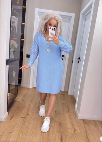 Голубое женское вязаное платье с ажурными рукавами 00400 No Brand