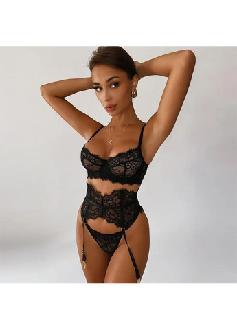 Чорний демісезонний мереживний комплект с поясом широким. спокусливий комплект білизни з пікантними вирізами та широким поясом No Brand