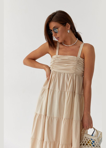 Бежевое повседневный летний сарафан из прошвы на одном бретеле белый цвет 40р. с открытыми плечами No Brand однотонное