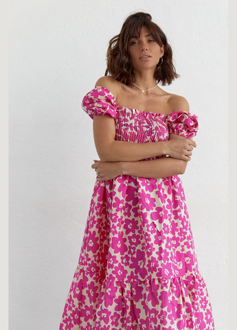 Фуксиновое (цвета Фуксия) повседневный платье в крупные цветы с открытыми плечами 25525 Lurex с цветочным принтом