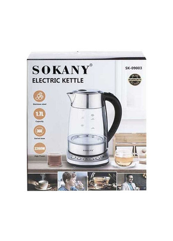 Електрочайник скляний SK-09003 з підтримкою та регулюванням температури 1,7 л, сталь Sokany (315637781)