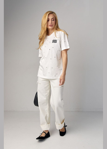 Женская футболка со стразами и вышитой надписью Miu Miu Liton - (296988216)