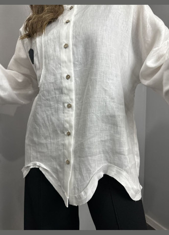 Біла демісезонна сорочка жіноча біла дизайнерська лляна на довгий рукав mkkc9027-1 Modna KAZKA