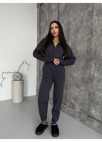 Женский комбинезон на флисе Avanti комбинезон-брюки однотонный графитовый повседневный трехнитка с начесом