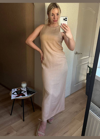 Бежева повсякденний, вечірня, пляжна, кежуал сукня з натуральної легкої тканини у мінімалістичному стилі Vakko однотонна