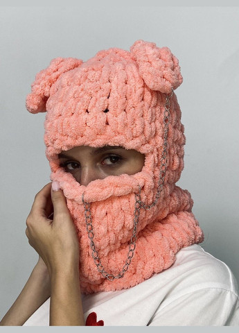 Alize вязанная балаклава шапка puffy светло-коралловый, с ушами зайца и цепочкой (3256529954) коралловый производство - Турция