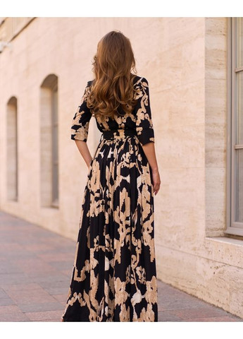 Чорна повсякденний чорна довга бавовняна сукня з розрізом кльош ISSA PLUS з абстрактним візерунком