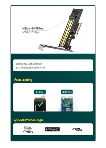 Переходник Адаптер PCI-E на SSD M.2 NVMe CM302 PCIе 3.0 для установки твердотельных накопителей (70503) Ugreen (305066349)