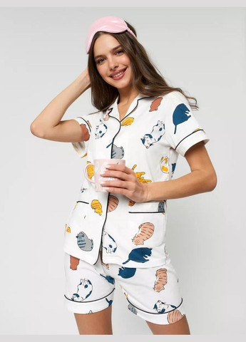 Белая всесезон трендовая женская пижама котики комплект 3 в 1 рубашка на пуговицах шорты и штаны для сна и домашнего уюта рубашка + шорты + брюки No Brand Піжама