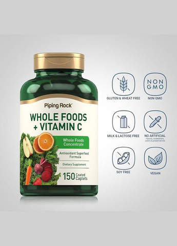 Витамины с суперпродуктами и витамином C Whole Foods + Vitamin C 150 капс. Piping Rock (346513830)