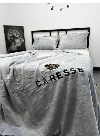 Велюровое постельное белье Caresse полуторное 160х210 простыня на резинке 140х200х25 светло-серый No Brand (372600969)