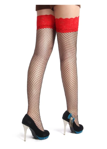 Чулки эротические в сеточку Fishnets, черные с красным кружевом. Star Night (347290822)