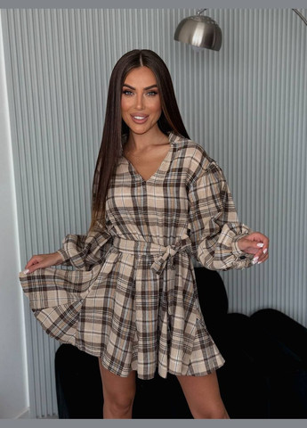 Бежевое повседневный, кэжуал женское платье в клеточку а-силуэт Style Point в клетку