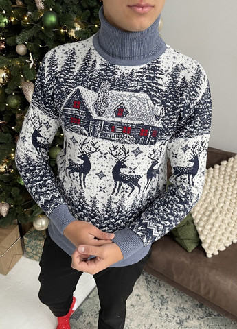 Синий зимний мужской свитер новогодний "big house" белый, под шею джемпер No Brand