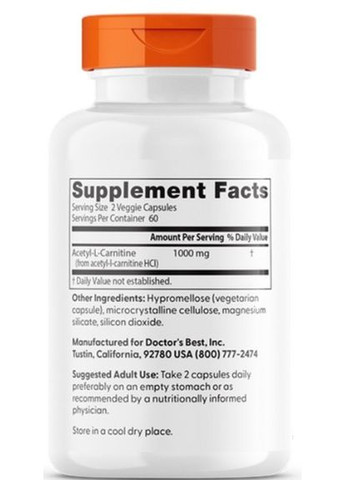 Ацетил карнитин Acetyl-L-Carnitin 1000 мг 120 капс (500 мг в 1 капсуле) Doctor's Best (359473130)