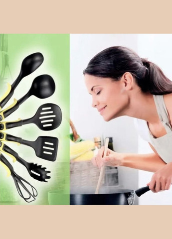 Набор кухонных принадлежностей универсальный 6 предметов с подставкой лопатка, венчик, шумовка, половник Черно-Зеленый No Brand (336517424)