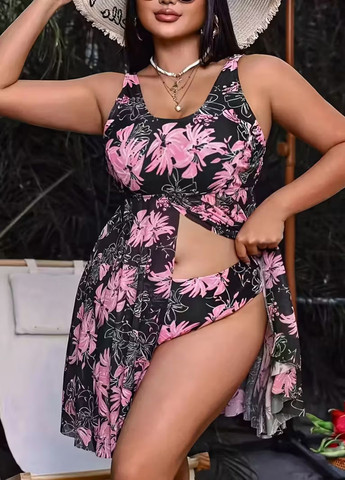Черный летний женский купальник - платье tankini plus size танкини, раздельный FS