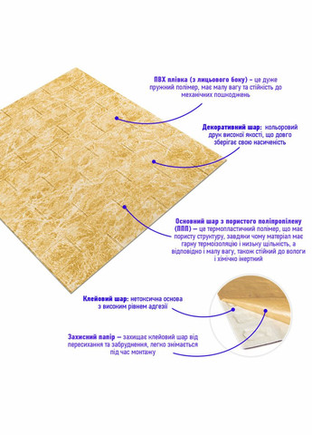 Декоративная 3D панель самоклейка 700x770x3мм Мрамор жёлтый (062-3) SW-00000694 Sticker Wall (326064177)